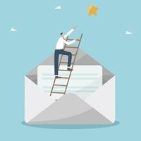 User experience, reviews of high quality or good business reputation, positive customer feedback for product or satisfaction rating, email management, man on the ladder in an envelope points to a star