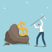 Ways to achieve wealth, financial growth, capital gains, increase in wages through hard work, increase in income from investment or innovation, man extracts a dollar from a cobblestone with a pickaxe. vector