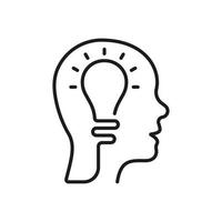 Lightbulb in Human Head Linear Pictogram. Intellectual Process Symbol. Creative Thinking Line Icon. Innovation Science Idea Outline Sign. Editable Stroke. Isolated Vector Illustration.