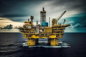 Offshore drilling rig at sea. Platform for oil production. Oil and gas industry. Created with photo