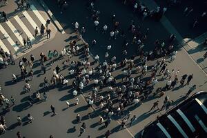 People walking at city street, aerial view. Protesting crowd. Created with photo