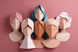 Multiracial women standing together and smiling at camera, paper art. Portrait of interracial female models. Diversity concept. Created with photo