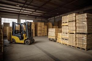 Forklift for loading pallets with packages in warehouse interior. Commercial distribution warehouse with shelves and boxes. Created with photo