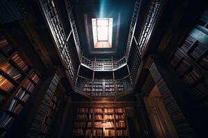 Interior of library with many bookshelves. Rows of cabinets with old books in library. Knowledge and education. Created with Generative AI photo