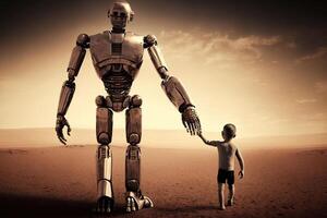 Giant robot and child walking together at sunset. Best friends. Friendship between artificial intelligence and people. Created with photo