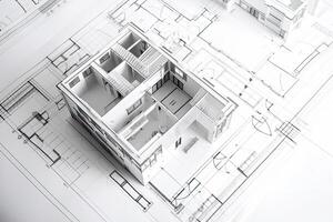 Architectural plan on white paper. Technical project of living room. Drawing for construction. Created with photo