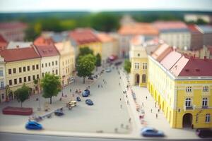 City life with living building facades and people walking at street, aerial view. Urban infrastructure. Model of city street in miniature, tilt shift. Created with photo