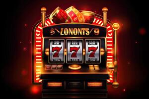 Casino slot machine with winning combination. Gambling addiction. Casino games concept. Lucky one handed bandit. Created with photo