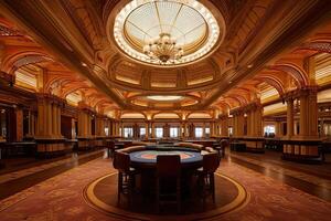 Luxury casino interior with playing tables. Gambling addiction. Created with photo