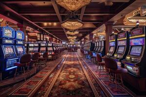 Luxury casino interior with slot machines. Gambling addiction. Created with Generative AI photo