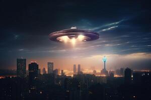Flying saucer flying in the sky over night city. UFO invasion. Alien abduction. Created with photo