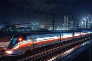 Modern high speed train at night. Fast train in city with motion blur effect, Public transport. Railway transportation. Created with photo