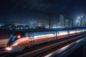 moderno alto velocidad tren a noche. rápido tren en ciudad con movimiento difuminar efecto, público transporte. ferrocarril transporte. creado con generativo ai foto