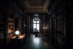 Interior of library with many bookshelves. Rows of cabinets with old books in library. Knowledge and education. Created with photo