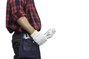 Technician wear helmet with Wrench in hand isolate on white background,Thailand people,Labor day concept photo