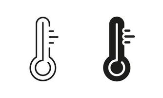 termómetro línea y silueta icono colocar. temperatura medición herramienta. controlar la licenciatura instrumento en Celsius o Fahrenheit símbolo colección en blanco antecedentes. aislado vector ilustración.