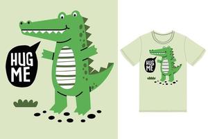 Cute crocodile hug me illustration with tshirt design premium vector