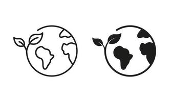 Earth Nature Care Line and Silhouette Icon Set. Ecology Planet and Leaf Pictogram. Eco Globe Green World with Plant Symbol Collection on White Background. Isolated Vector Illustration.