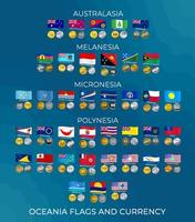 Set of icons of flags and national currencies of countries in Oceania. Australasia, Polynesia, Micronesia and Melanesia. Vector illustration.