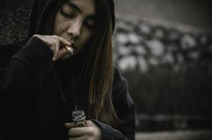 Portrait of addict drug asian woman,alcoholic woman concept photo