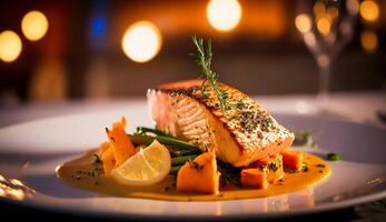 close up grilled salmon fillet with drink in luxury restaurant, photo