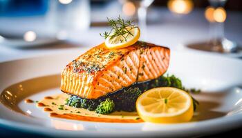 close up grilled salmon fillet in luxury restaurant, photo