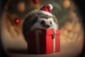 Tiny cute little hedgehog wearing a Santa hat and holding a gift box. photo