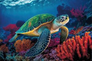 AI Generated Sea turtle swimming over coral reefs. Animals under the sea background. photo