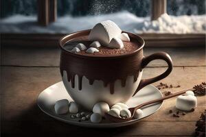 caliente chocolate con malvavisco en taza en invierno temporada antecedentes. ai generado foto