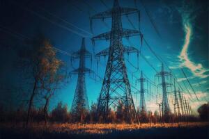 Abandoned electricity transmission towers with wires against blue sky. photo