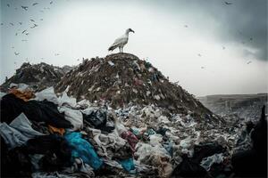 Plastic waste and vulture in landfill. Environmental pollution concept. photo