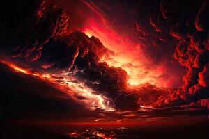 Abstract dark red background. Dramatic red sky. Red sunset with clouds. photo