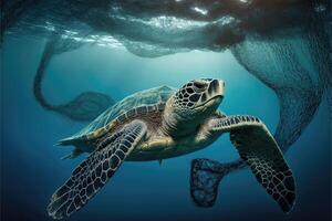 mar Tortuga atrapado por un red debajo el mar. ai generado foto