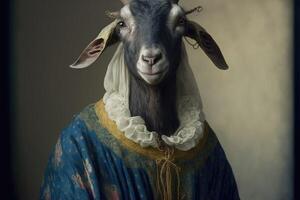 Portrait of goat in a victorian dress. photo