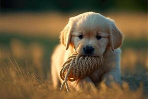 Golden retriever puppy playing. Little puppy holding a rope with his mouth photo