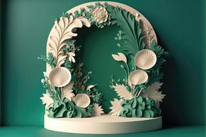 White paper art podium and flower on green background. Product stage, stucco pedestal with floral wall. Platform 3D front view photo