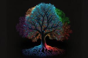 Fertile tree illuminated with colorful neon lights photo