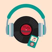 Lets Play Music Title On Vinyl Record In The Headphones With Player. Flat Style Vector Illustration