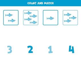 Counting game for kids. Count all blue sharks and match with numbers. Worksheet for children. vector