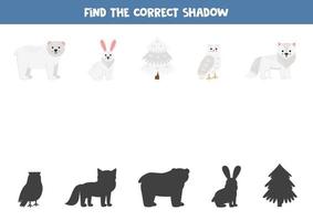 Find the correct shadows of cute polar animals. Logical puzzle for kids. vector