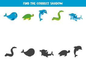 Find the correct shadows of cute sea animals. Logical puzzle for kids. vector