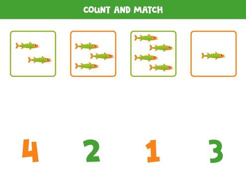 Counting game for kids. Count all barracuda fish and match with numbers. Worksheet for children. vector