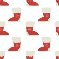 Warm red winter boots with snowflake. Christmas seamless pattern with funny doodle. vector