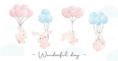 Adorable whimsical happy baby pink bunny rabbit flying with balloons nursery children watercolour hand painting banner vector