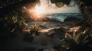 Tropical beach with palm trees and sand dunes at sunset,blue sea photo