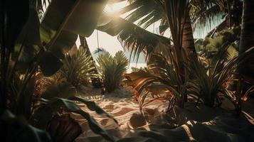 tropical playa con palma arboles y arena dunas a puesta de sol, azul mar foto