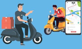 Delivery address concept illustration, delivery man and smartphone tracking, Fast and free delivery by scooter perfect for landing page vector