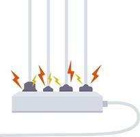 Electrical circuit. Shock, red lightning and yellow sparks from the outlet. Connector and plug. System overload. The problem with the appliance. Fire situation with smoke and safety. vector