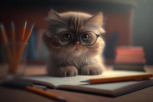 Cat with glasses sitting on school desk and learning. Education, student. Day at school. . photo