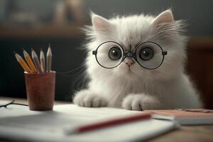 gato con lentes sentado en colegio escritorio y aprendiendo. educación, alumno. miedo, excitación, ansiedad. primero día. ven espalda a escuela. generativo ai. foto